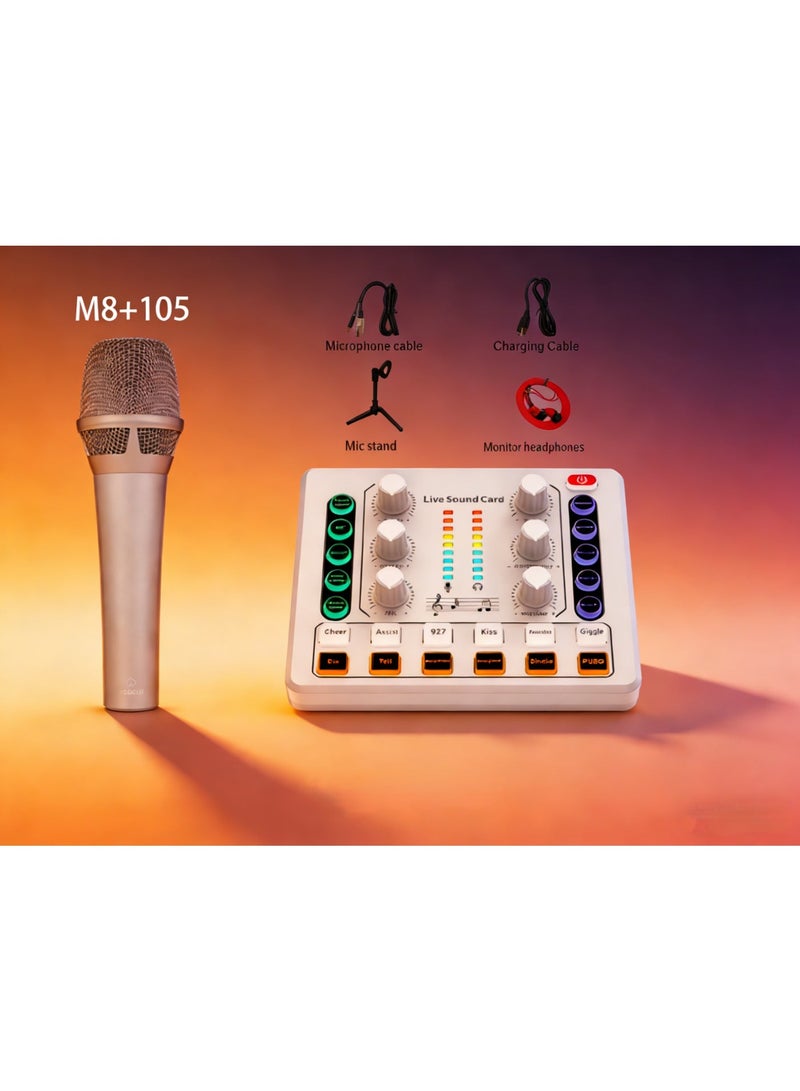 مجموعة كارت صوت M8+105 للبث المباشر مع ميكروفون كوندنسر (تشمل حامل ميكروفون، سماعات رصد، وكاملة الكابلات) - واجهة صوت احترافية للبث المباشر، البودكاست، والألعاب - Image 1